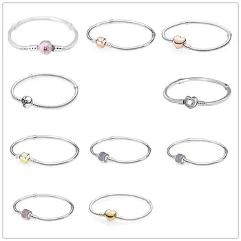 

925 Sterling Silver Rose Love Heart Clasp Snake Chain Bangle Bracelet Fit Women Bead Charm Diy Pandora Jewelry