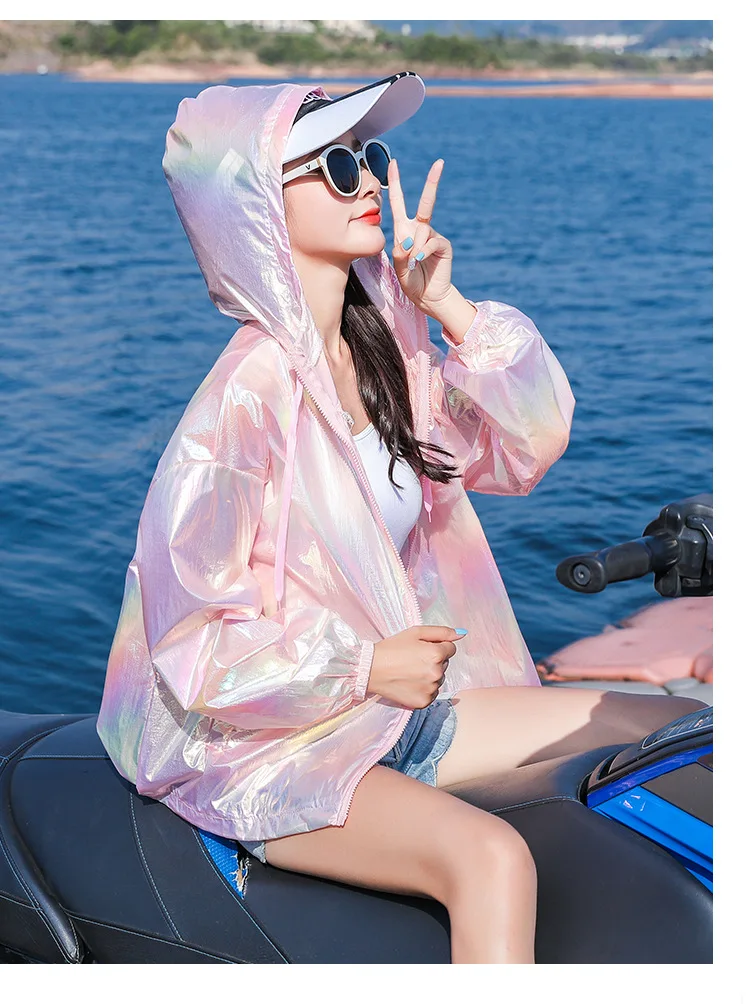 YUANYUANJYCO summer thin woman jacket reflective colorful zipper hooded long sleeve fashion white pink jackets for women coats