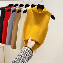 Вязаный жилет без рукавов с воротником-хомутом, женский тонкий короткий стрейчевый трикотажный пуловер, рубашка, Однотонный свитер для девушек и девушек