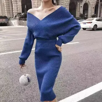 

2019 off-Shoulder V-neck Knit Tight-Fit Sheath Set Dress
