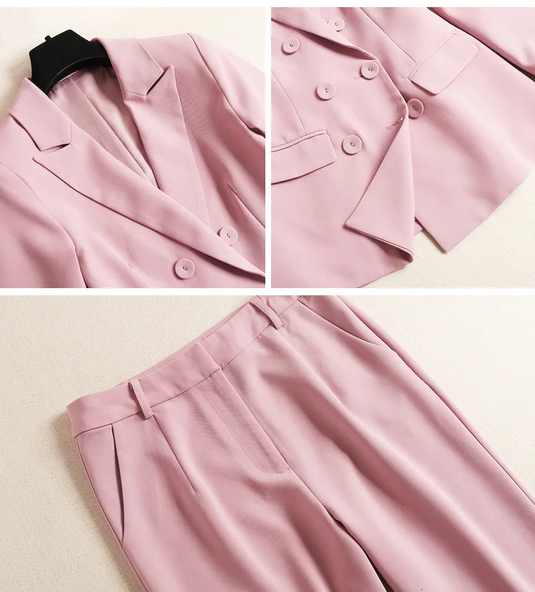 Pants Suit Women's Fall Double-breasted Notched Blazers and Pants High Quality Two-piece Set Pink Clothing