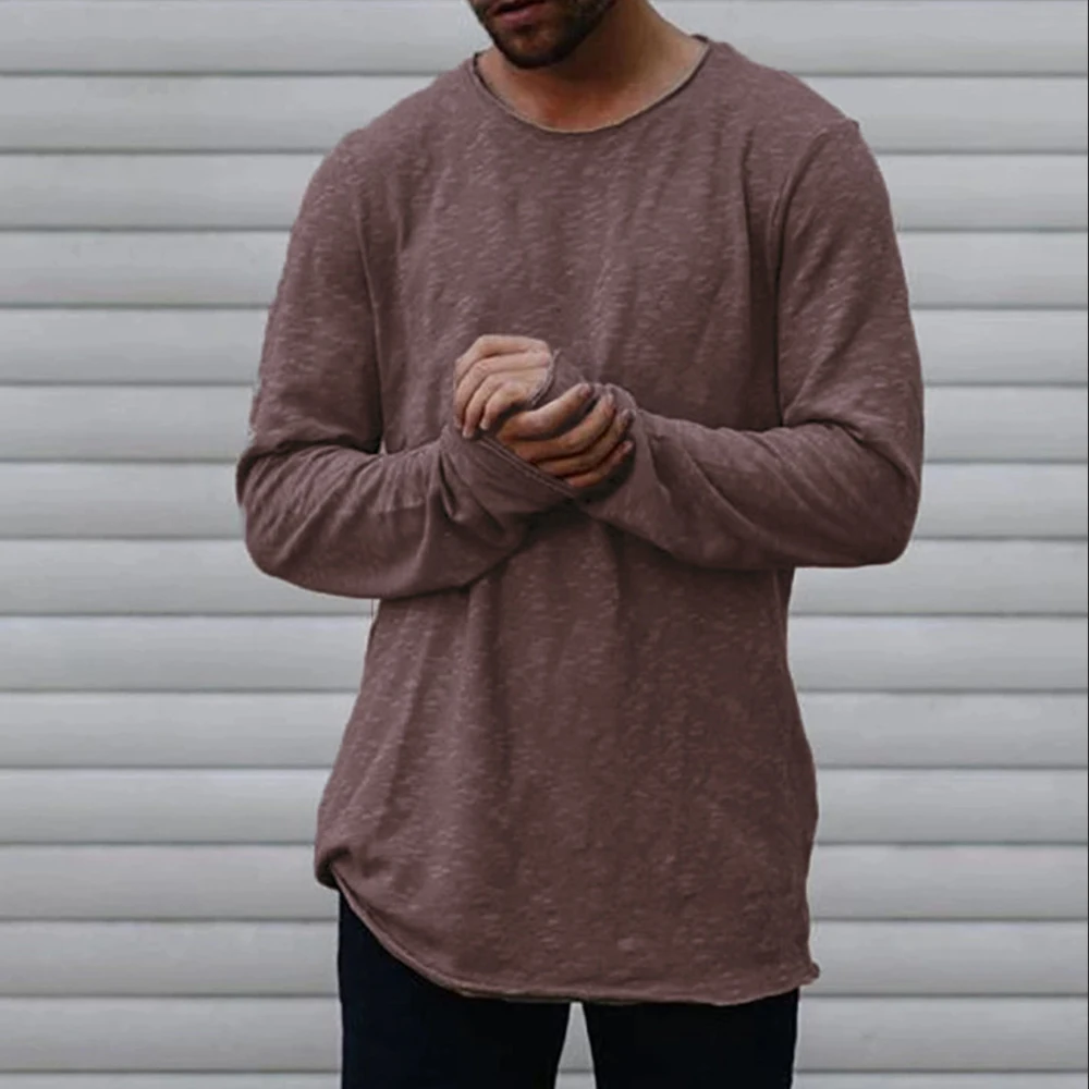 

2019 Autumn Winter Men's T-Shirt Fashion Long Sleeve Tee Shirt Men Solid Color Casual Mens Basic Top Ripped Tshirt For Male D30