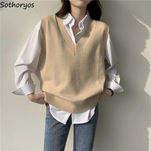 Sweater Vest Women V-neck Solid Simple Slim All-match Casual