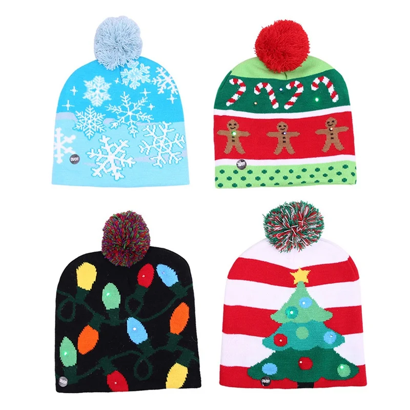

Knitting Christmas Hat With LED Lamp Christmas Tree Gingerbread Snowflakes Knitting Hat For Christmas Decoration1