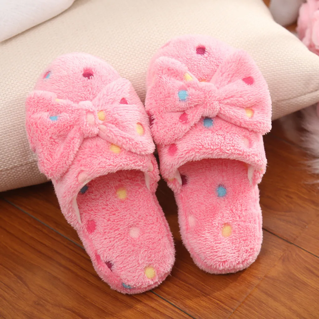 

Womens New Bow Cotton Slippers Ladies Cute Winter Warm Indoor Non-Slip Home Shoe Flat Sole Ladies Casual Soft Warm Female