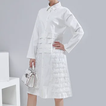 

Elegant Spring White Layers Ruffles Shirt Dress Temperament Lapel Long Sleeve Patchwork Midi Dress Fashion Plus Size