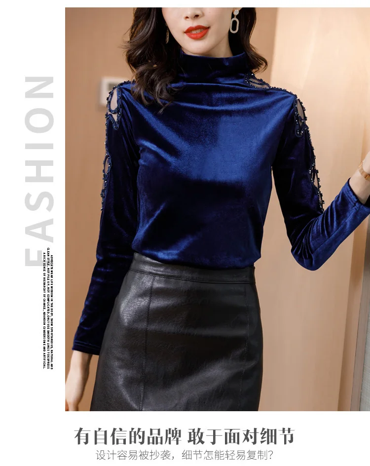 New 2020 Autumn winter woman tshirts Korean fashion slim high neck velvet t-shirt embroidered long sleeve bottoming shirt
