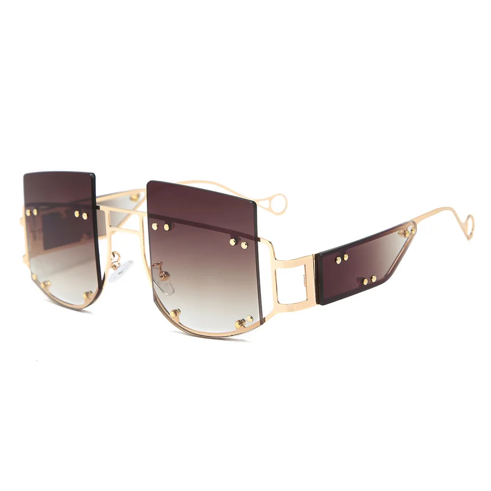 Солнцезащитные очки больших размеров, женские роскошные брендовые дизайнерские очки суперзвезды Рианны, Квадратные ретро очки с широкой оправой и заклепками, винтажные мужские солнцезащитные очки S133 - Цвет линз: C3 Coffee