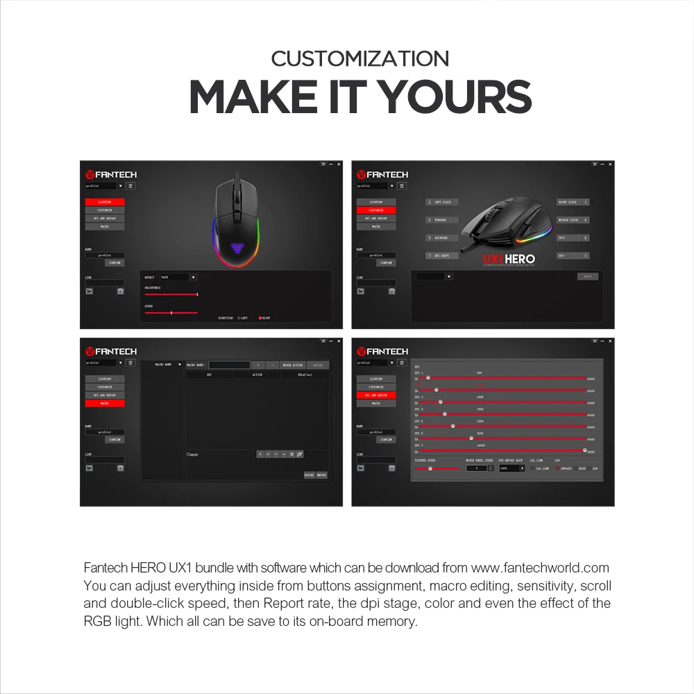  FANTECH UX1 Profession Gaming Mouse 16000 DPI Adjustable 8 Button Macro RGB Wired Mouse USB For LOL