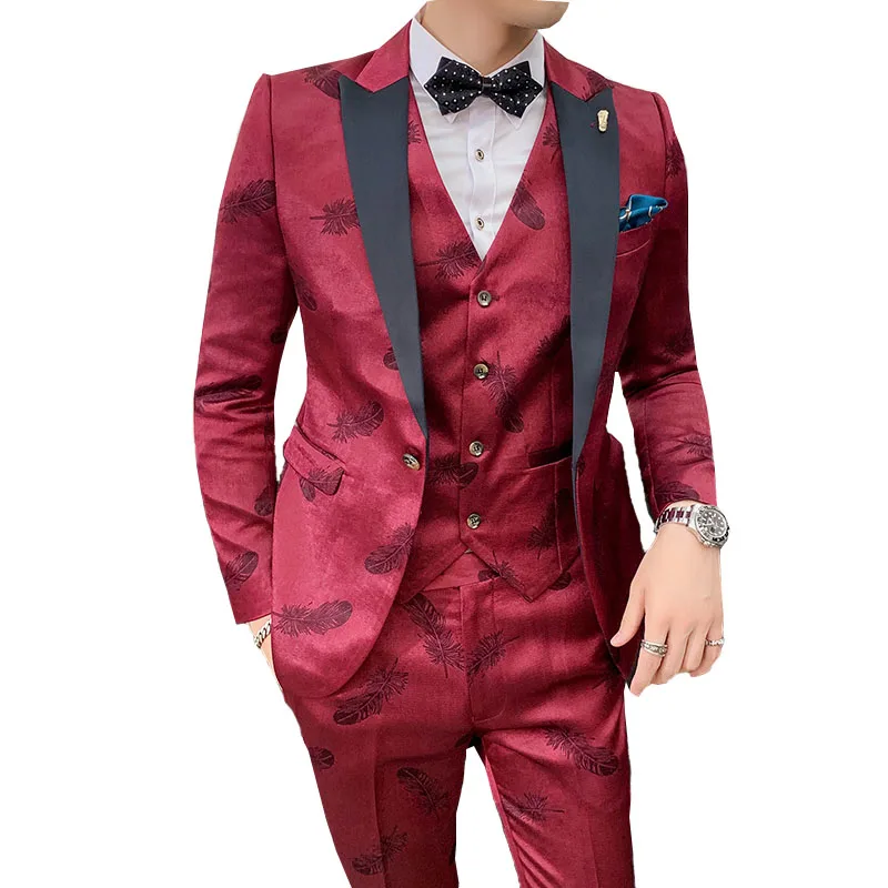 

Embroidered Leaf Printed wedding Suits men 2019 Red Asian size slim fit Evening Meeting party Elegant appointment 3 pieces suits
