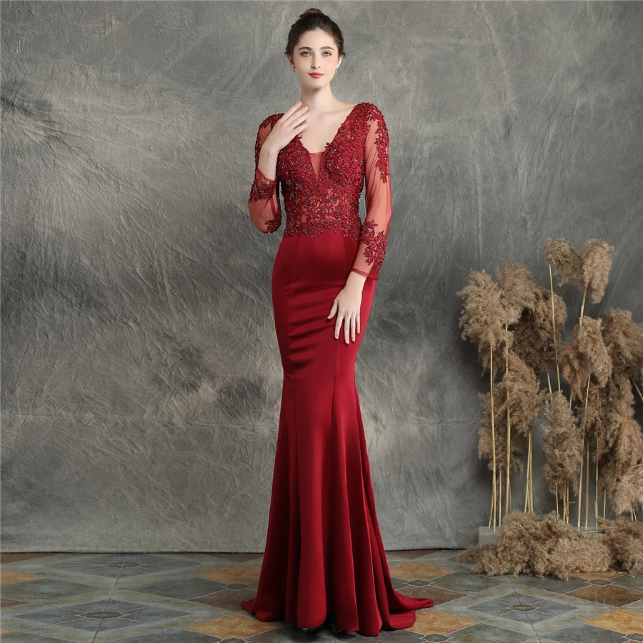 Аппликации Русалка Вечерние платья Robe De Soiree v-образным вырезом бисером женское вечернее платье DX253 размера плюс длинные рукава Формальные платья - Цвет: Бургундия