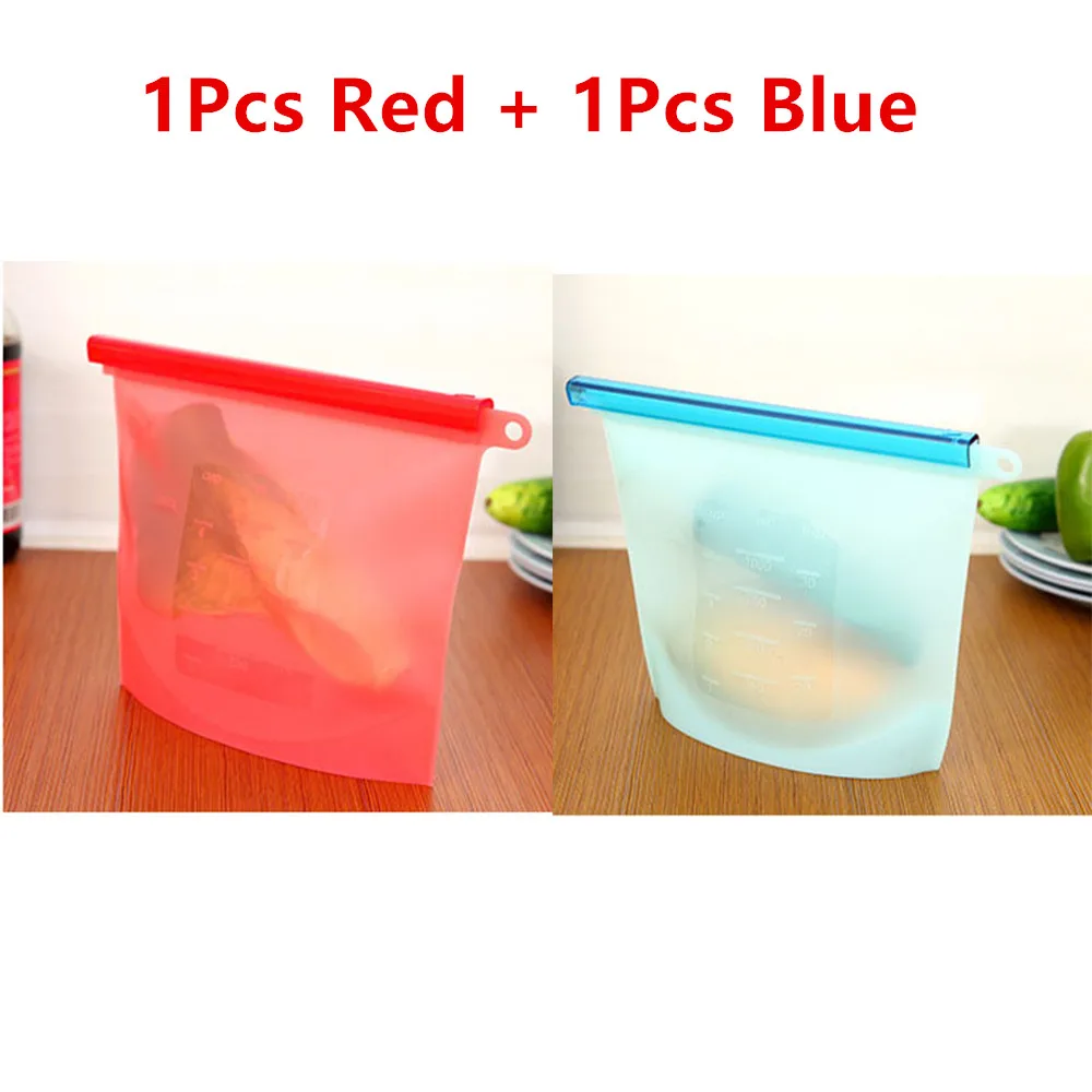 2Pcs Red Blue 4 шт./компл. силиконовые Еда сумки для хранения 500/1000/1500 мл многоразовый Кухня Еда мешок для хранения на молнии, Управление по санитарному надзору за качеством пищевых продуктов и медикаментов-класс Пособия по кулинарии свежий сумки - Цвет: 2Pcs Red Blue