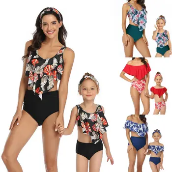 

Family Matching Swimwear Women Kid Bikini 2020 High Waist Family Swimsuit For Mother And Daughter Floral Print Summer Beachwear