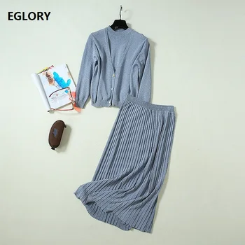 

2019 Autumn Winter Fashion Sweater Suits Women V-Neck Knitted Cardigan Jacket+Vest Pullovers+Mid-Calf Pleated Skirt Set 3pcs