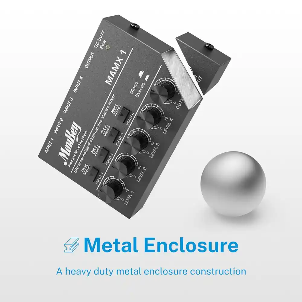 Moukey Audio Mixer Ultra-low-noise 4-channel Line 4 Stereo Mono Switch Mixer for Sub-mixing Mini Clubs as Mic Guitar Stage Mixer