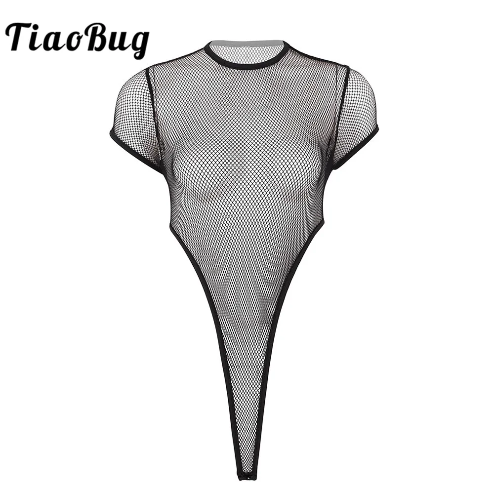 TiaoBug Women Round Neck Short Sleeve High Cut See Through Sheer Fishnet Sexy Bodysuit Jumpsuit Club Party Tops Rave Costume TiaoBug Women Round Neck Short Sleeve High Cut See Through Sheer Fishnet Sexy Bodysuit Jumpsuit Club Party Tops Rave Costume