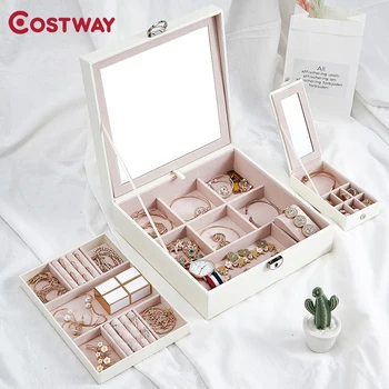 

COSTWAY Portable Multifunction Jewelry Box Organizer Ring Stud Earrings Jewelry Storage Box With Mirror Faux Leather Box W0615