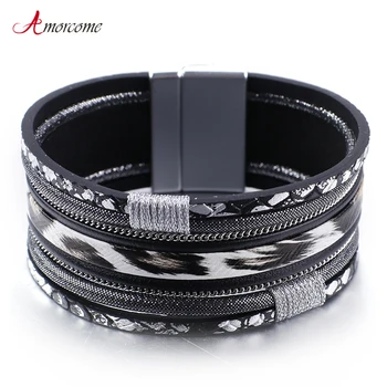 

Amorcome Black White Leopard Leather Bracelets for Women 2019 Boho Ladies Bohemian Wide Wrap Bracelet Female Jewelry