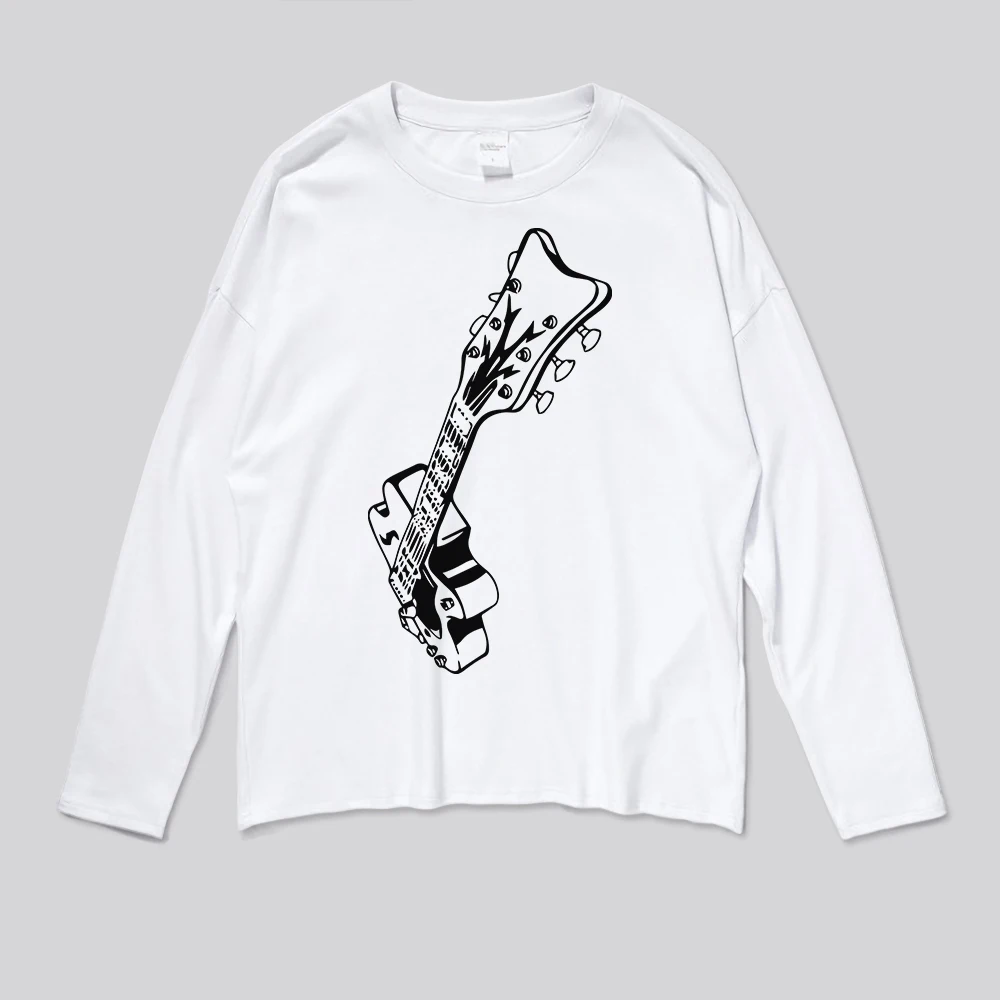 Хип хоп Уличная Толстовка гитара Графический черный и белый хлопок осень зима футболка с длинным рукавом для мужчин - Цвет: White