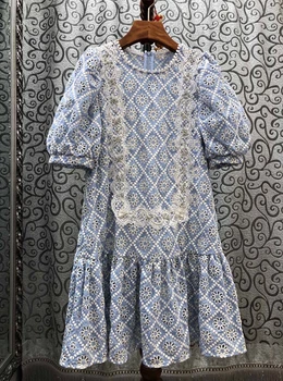 

2020 Spring and Summer New Women's round Neck Embroidery Flower Hollow Decorative Bubble Short-Sleeve Dress 622