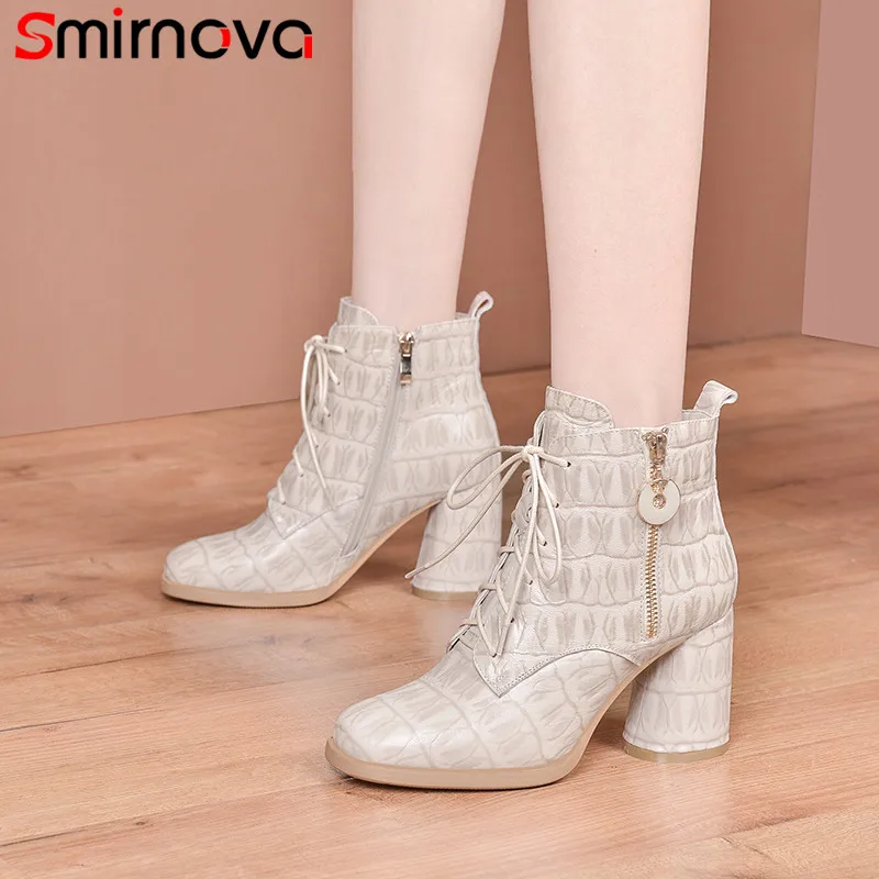 

Smirnova 2020 New genuine leather women's ankle boots zipper round toe high heels boots office lady shoes