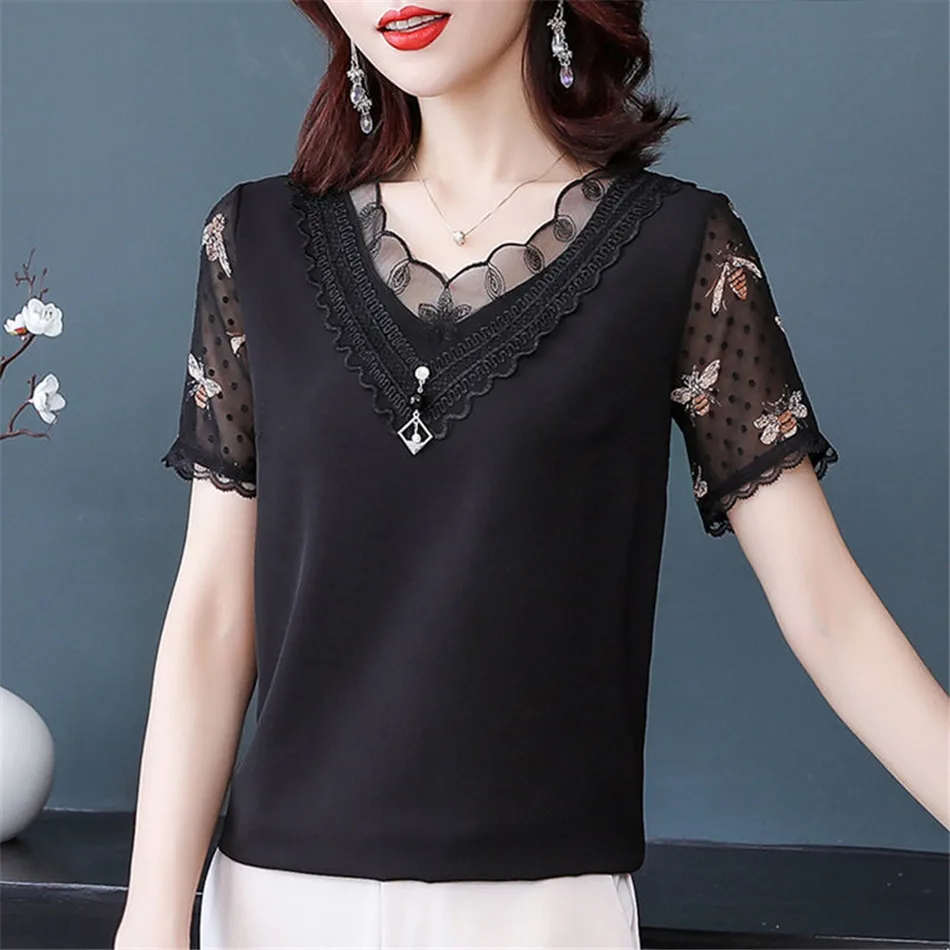 

Summer Women Chiffon Splice V-Neck I Short Sleeve Blouse Summer Casual T-Shirts Women Elegant ​Top MM1446