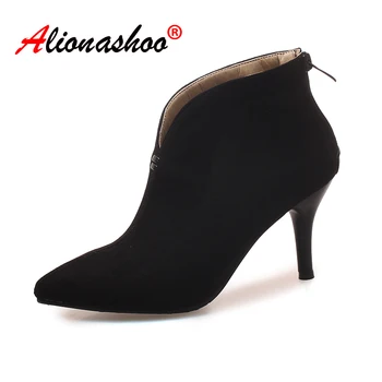 

Women high heel spring autumn ankle boots Stiletto high heels faux suede back zipper black brown boots women large size 34-48