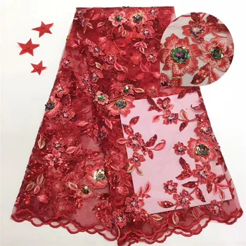 

African lace fabric 2019 red sequins high quality lace french mesh fabric big sequins nigerian swiss lace fabrics for dress