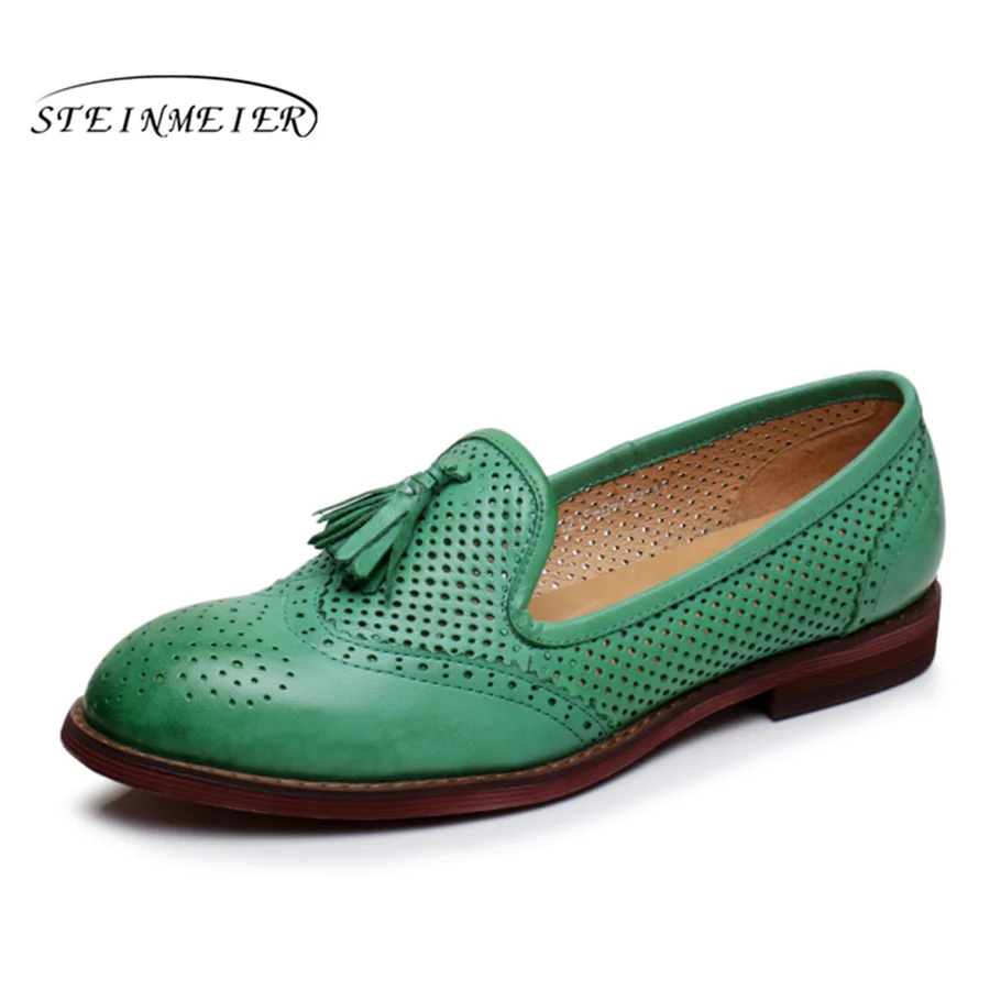 Yinzo/женские туфли-оксфорды из натуральной кожи на плоской подошве; женские кроссовки; женские броги в винтажном стиле; повседневная обувь для женщин; коллекция года; цвет розовый, синий - Цвет: green