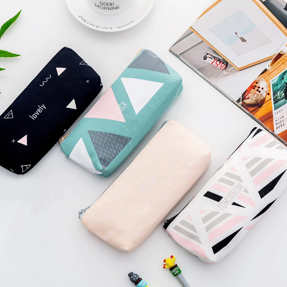Durable Soft Lightweight Geometric English Letter Canvas Large capacity Pen Bag Pencil Case Stationery Storage Pouch