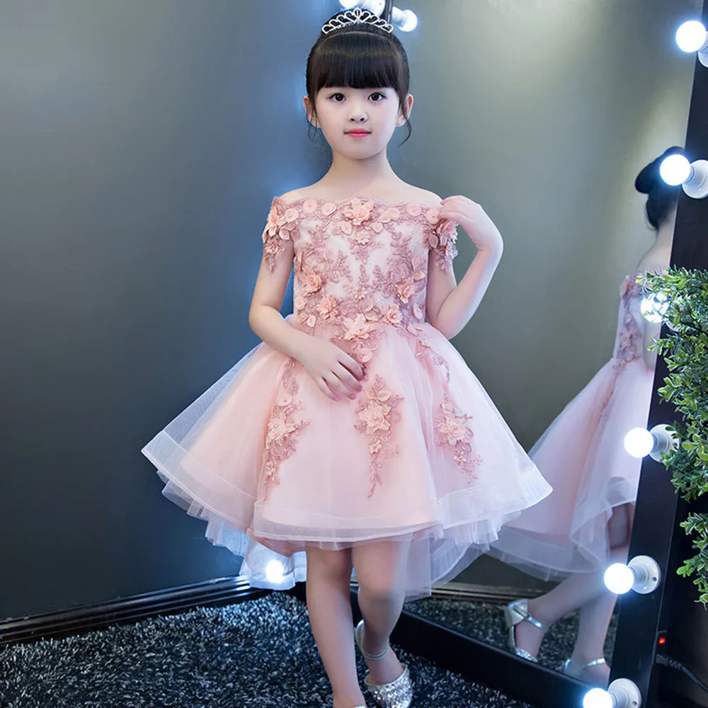 Платье с цветочным узором для девочек; короткое платье с открытыми плечами для первого причастия; рождественское праздничное платье с цветами - Цвет: Pink High Low