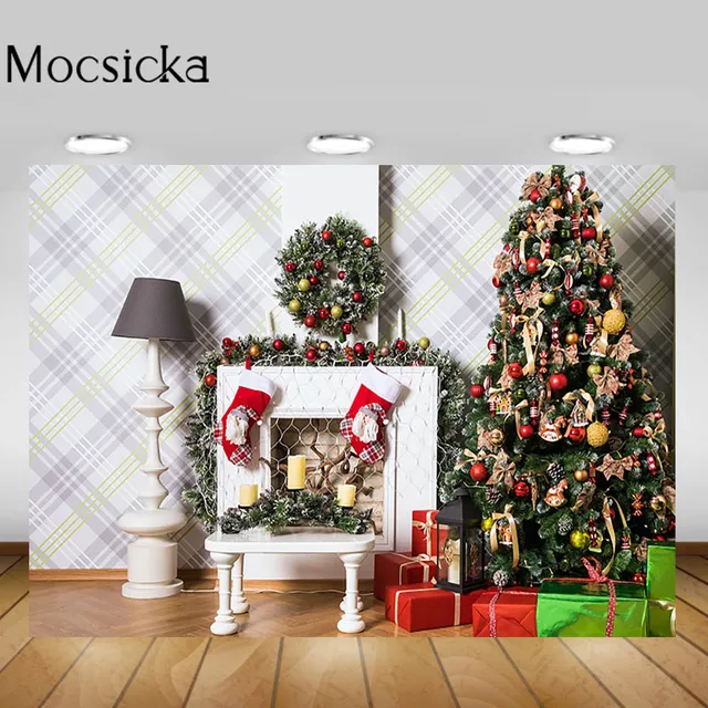 Mocsicka Christmas Living Room Backgrounds Christmas Tree Fireplace Garland Xmas Backdrop Decorations Newborn Photography Props Style-19