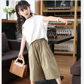 

Children Kids Girls Summer Suit New Korean Clothes Bat Sleeve Cotton T-shirt And Wide Leg Pants Two Set For Girls Clothing Sets