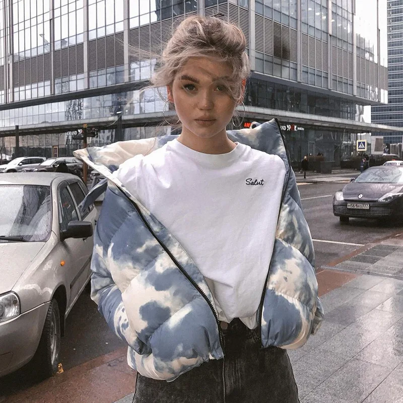 

2020 Winter Women's Tie Dye Down Coat Casual Hooded Clouds Color Warmer Soft Jacket Straight Long Sleeve Hoodie Overcoat Outwear