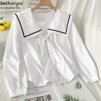 Sailor Collar Blouses Women France Style New Bow Puff Sleeve Patchwork Shirts Elegant Casual Chic Fashion Design Simple Students 1