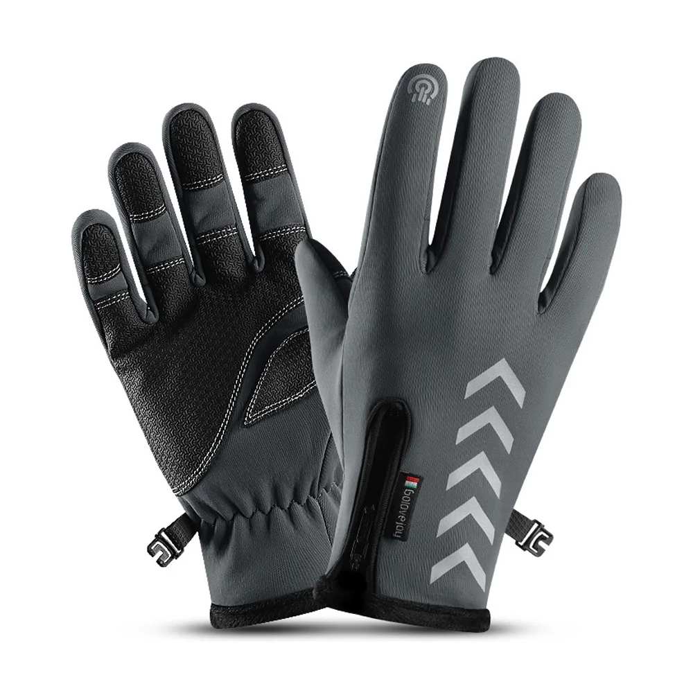 1 пара зимних мужских и женских светоотражающих перчаток для сенсорного экрана, противоскользящие парные очень теплые зимние перчатки на молнии - Цвет: Серый
