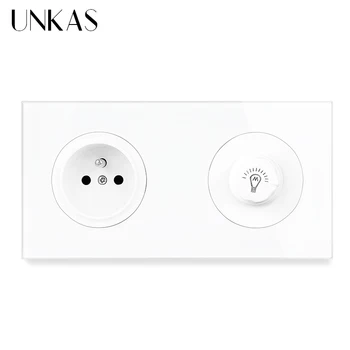 

UNKAS French Standard Wall Socket +Female Dimmer Regulator Switch Tempered Crystal Glass Panel Built-in Light Modulator Outlet