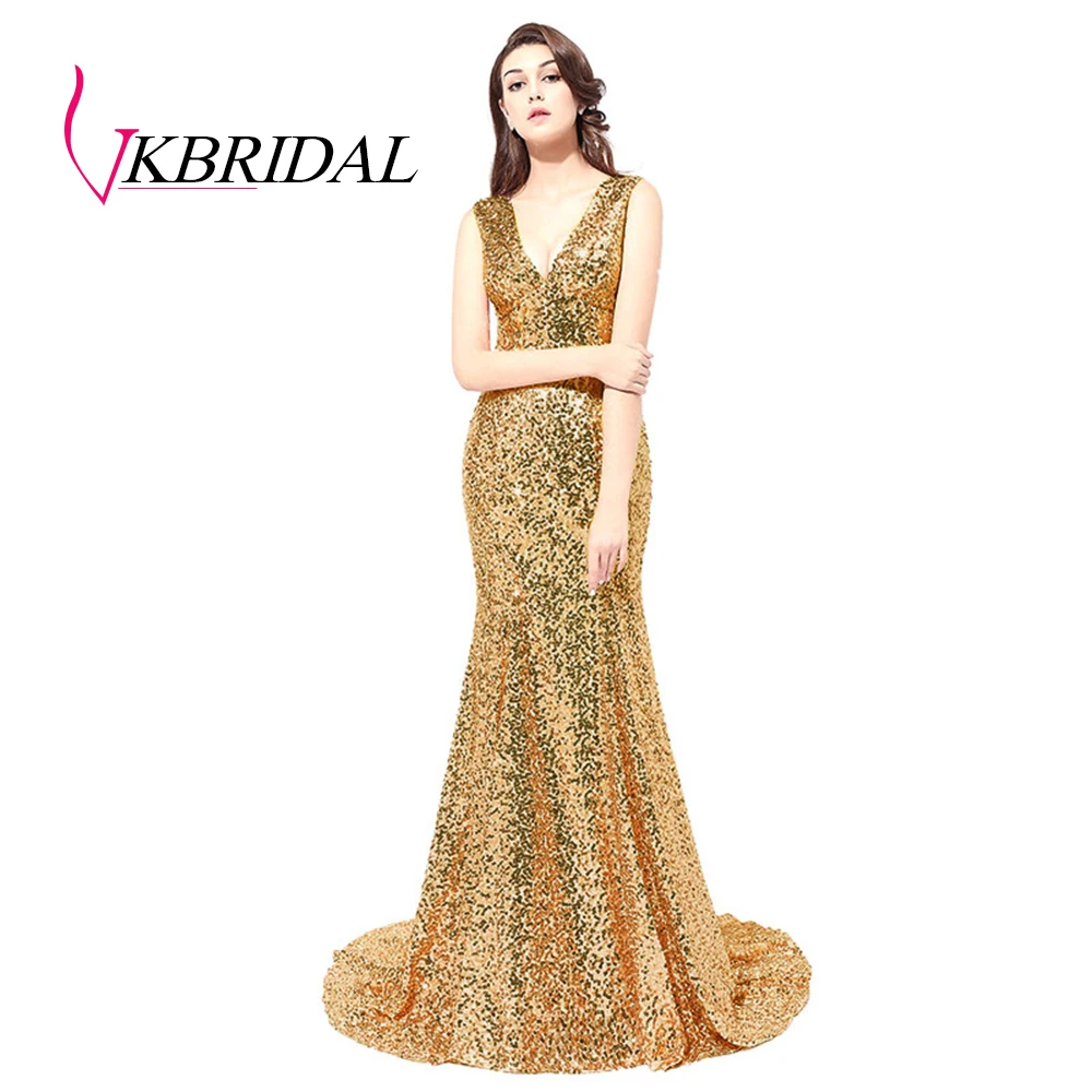 VKBRIDAL v-образным вырезом платье подружки невесты в стиле русалки Длинные Пол Длина Золото Abenkleider lang Выпускные вечерние платья для женщин