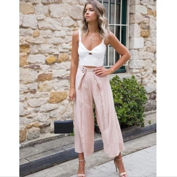 

Women Wide Leg Pants Summer Office Loose Leg Pants High Waist Trousers Chic Streetwear Sash Casual Pants Capris Feminino
