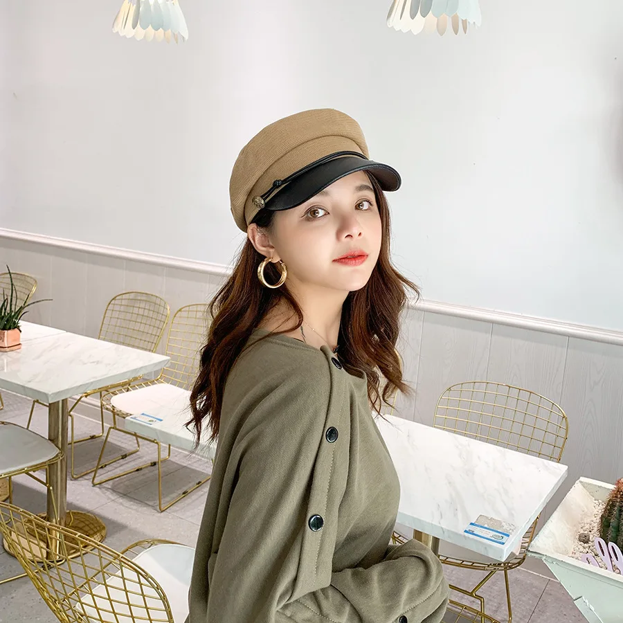 Fashion black hat ladies casual streetwear rope flat top hat elegant solid autumn and winter warm beret ladies