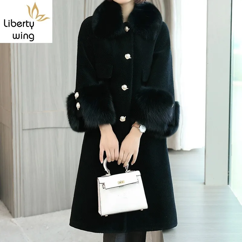 

New Fashion Loose Sheep Real 2020 Luxury Natural Fox Fur Collar Long Warm Winter Wool Coat Women Shearling Jacket