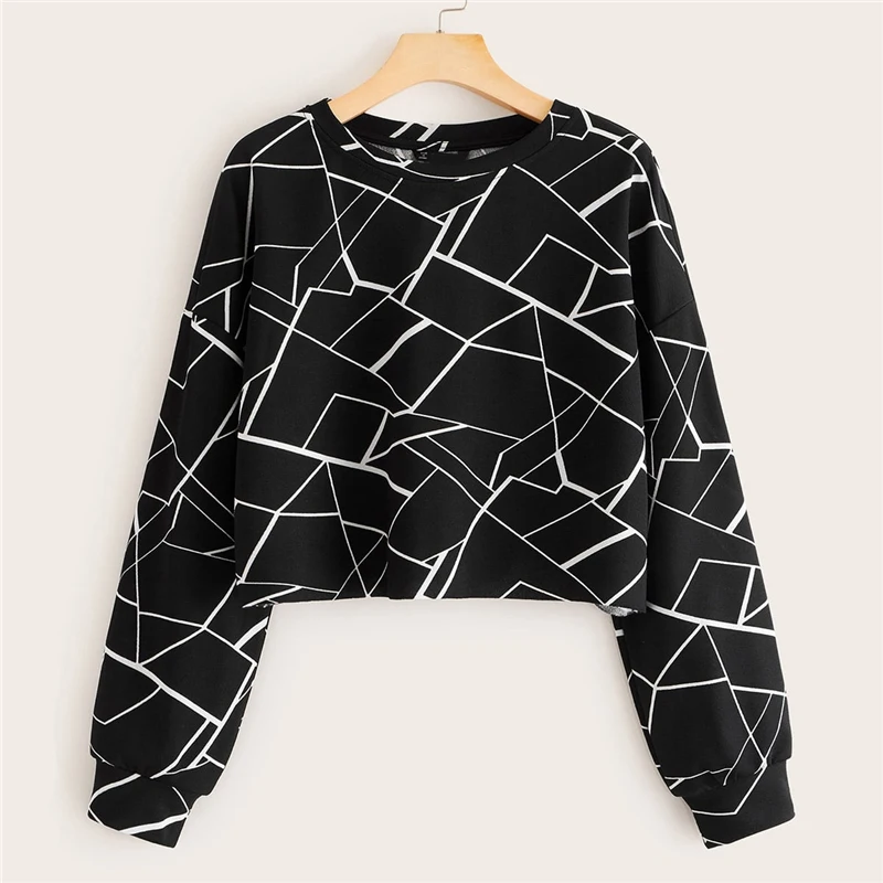 Свитер с геометрическим принтом SweatyRocks, женская уличная одежда, джемперы с круглым вырезом, топы, осень, пуловер для активного отдыха, повседневные толстовки для отдыха