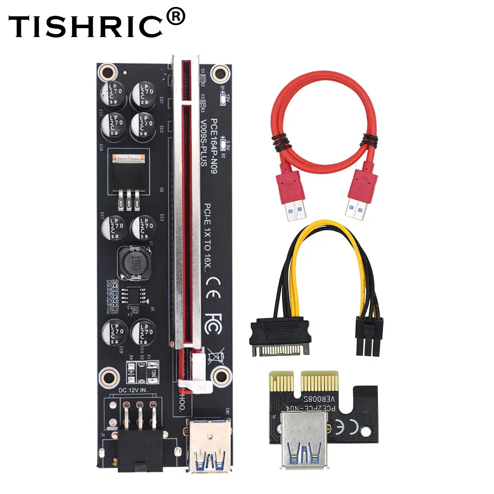 10Pcs TISHRIC New VER009S Plus Riser Card PCIE PCI-E PCI Express Adapter SATA 1X to 16X 6Pin USB 3.0 Cable  For BTC LTC Mining