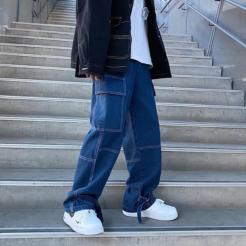 Pantalones vaqueros Cargo de pierna ancha para hombre, Jeans sueltos,  rectos y holgados, ropa de calle hip hop, Skateboard, pantalones vaqueros  neutros|Pantalones vaqueros| - AliExpress