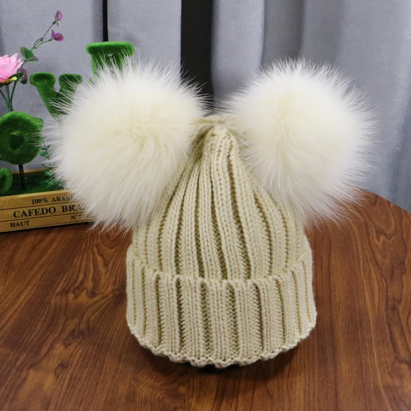 2021 New double natural Pom Poms hat Girls Boys Winter Warm Fur Pompom Ball Knitted Beanies Hat Skullies Beanies Cotton Bonnet