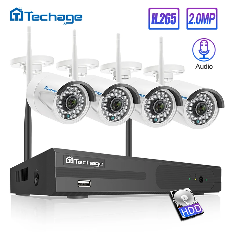 Techage H.265 4CH 1080P Беспроводной NVR комплект CCTV система 2MP Аудио Звук WiFi IP камера ИК Открытый видео безопасности комплект наблюдения