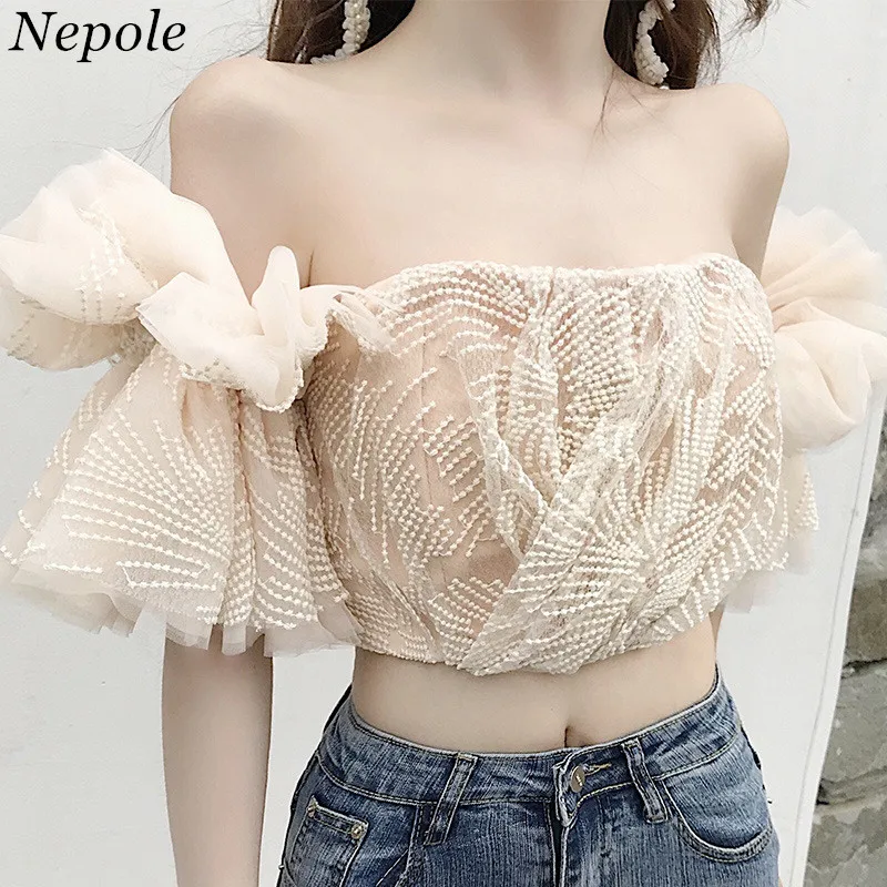 Neploe без бретелек с большими оборками пышными рукавами сексуальный топ на