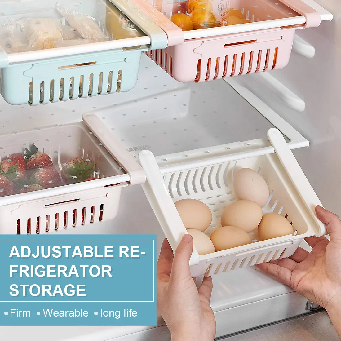 

2PCS Kitchen Storage Stretchable Refrigerator Organizer Adjustable PP Fridge Storage Baskets Pull Out Drawer Kitchen Accessories