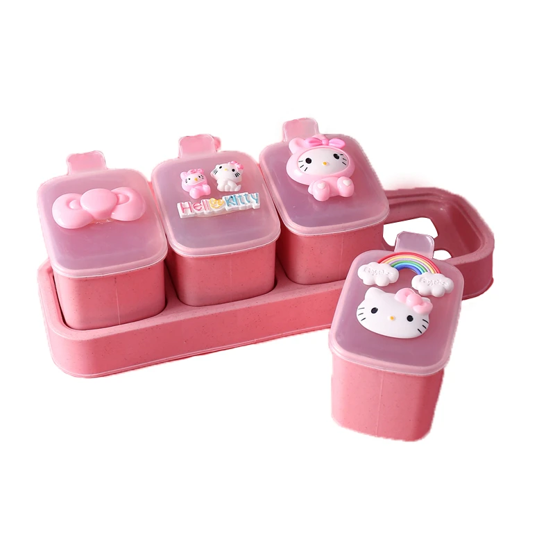 

Seasoning Storage Box Wheat Straw with Spoon 4-compartment Spice Box Storage Container Condiment Jars for Spice Sugar Salt