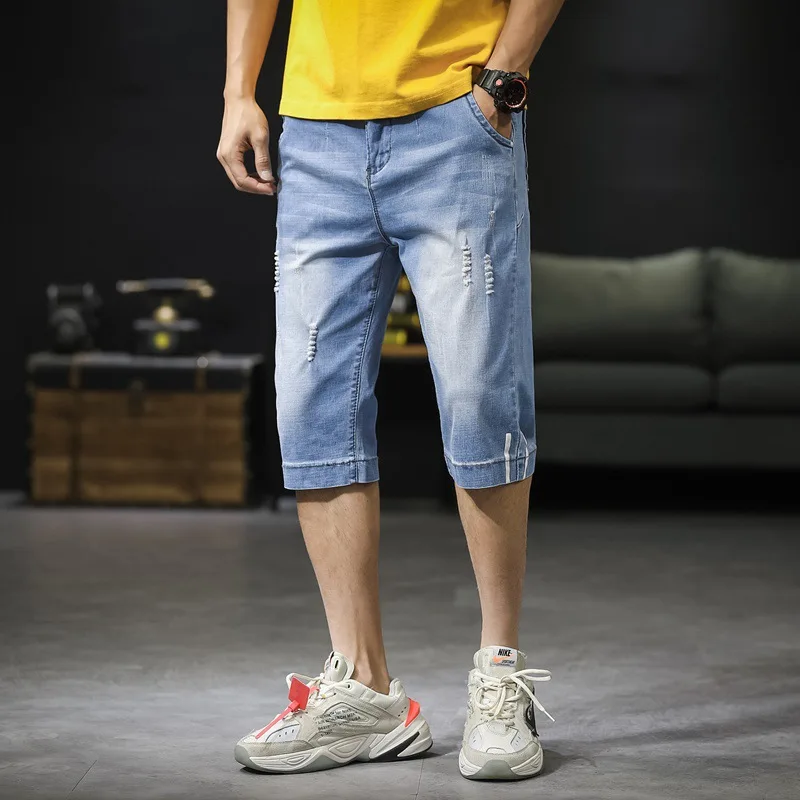 

Denim Shorts MEN'S Pants Summer Thin Section with Holes Slim Fit Man Elasticity Casual Pants Black And White with Pattern Shorts